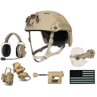 Ops-Core FAST Bump Helmet, AMP Connectorized Headset, AMP Rail Mount Kit, Wilcox Helmet Mount, Princeton Charge Pro MPLS, and IR U.S. Flag Patch Bundle