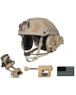 Ops-Core FAST SF Helmet, AMP Connectorized Headset, AMP Rail Mount Kit, Wilcox Helmet Mount, Princeton Charge Pro MPLS, and IR U.S. Flag Patch Bundle