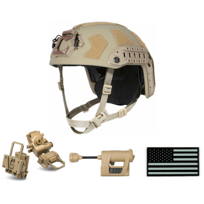 Ops-Core FAST SF Helmet, Wilcox Helmet Mount, Princeton Charge Pro MPLS, and IR U.S. Flag Patch Bundle