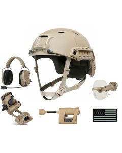 Ops-Core FAST Bump Helmet, AMP Connectorized Headset, AMP Rail Mount Kit, Wilcox G24 Mount, Princeton Charge Pro MPLS, and IR U.S. Flag Patch Bundle